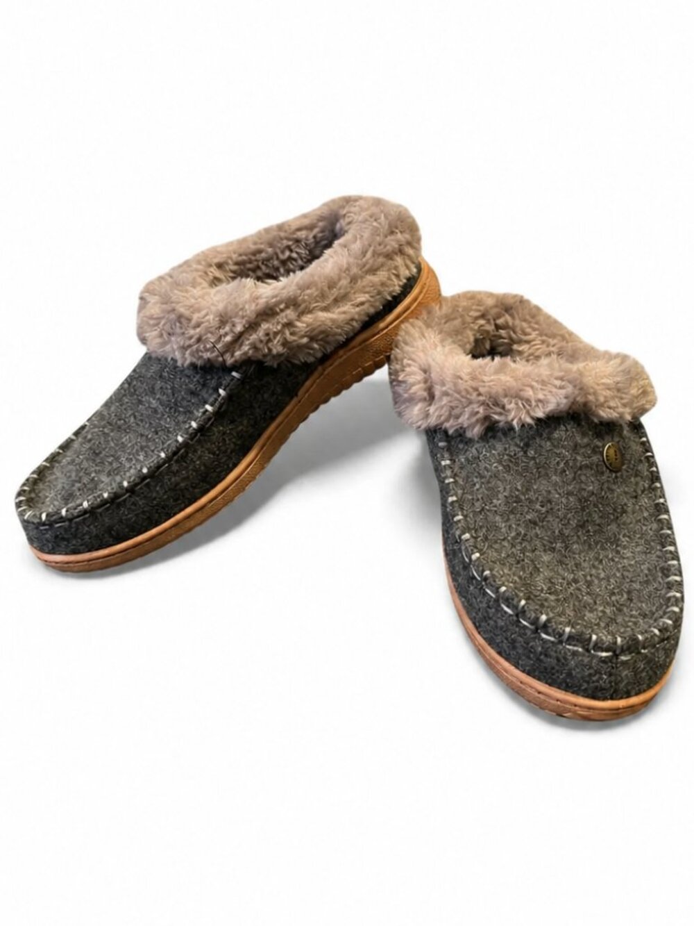 Dearfoams Atley Energy Return Clog Slippers Women's US 6 Gray Faux Fur Lined EUC